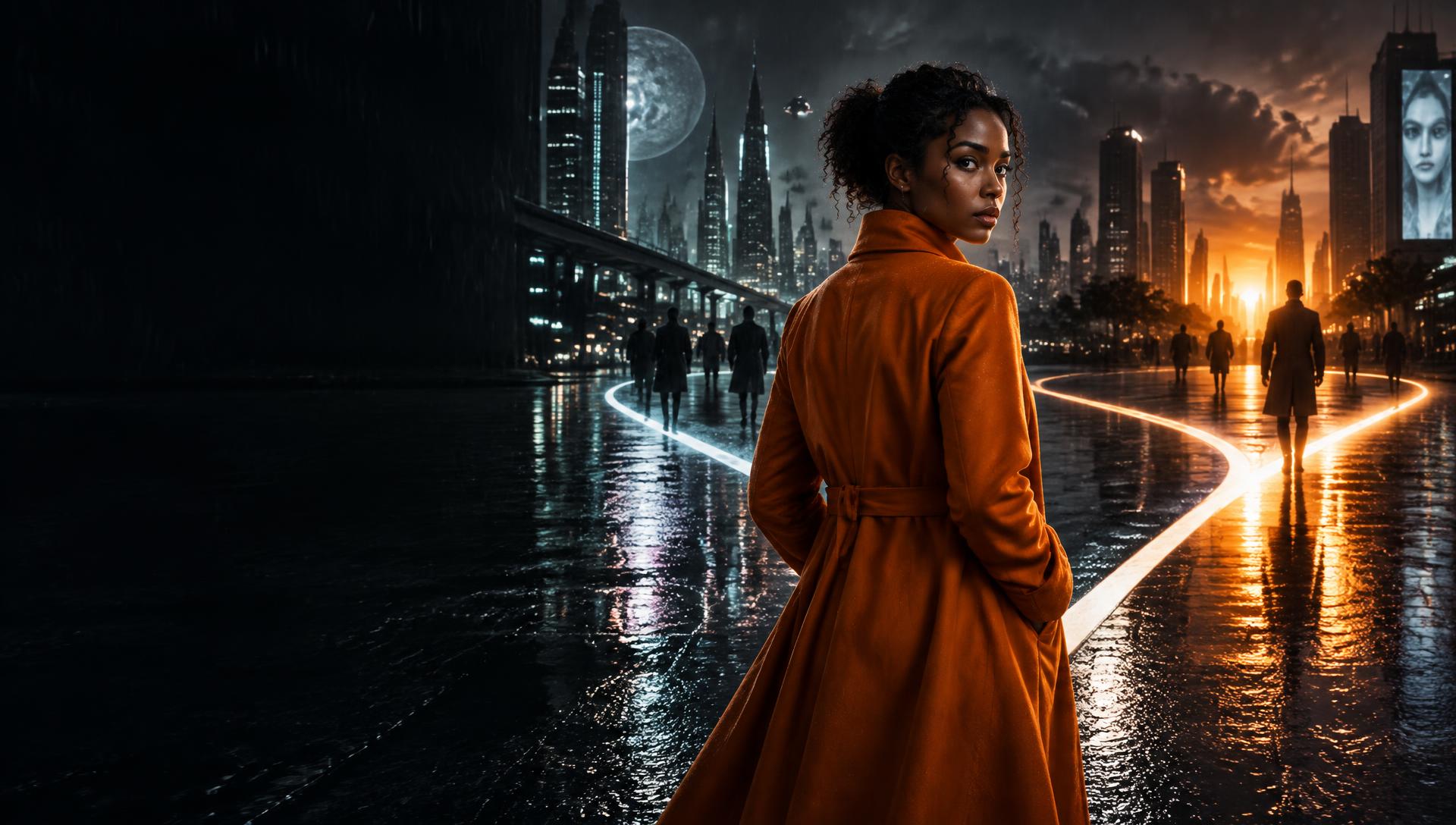 A woman in an orange coat stands between two glowing paths in a futuristic city